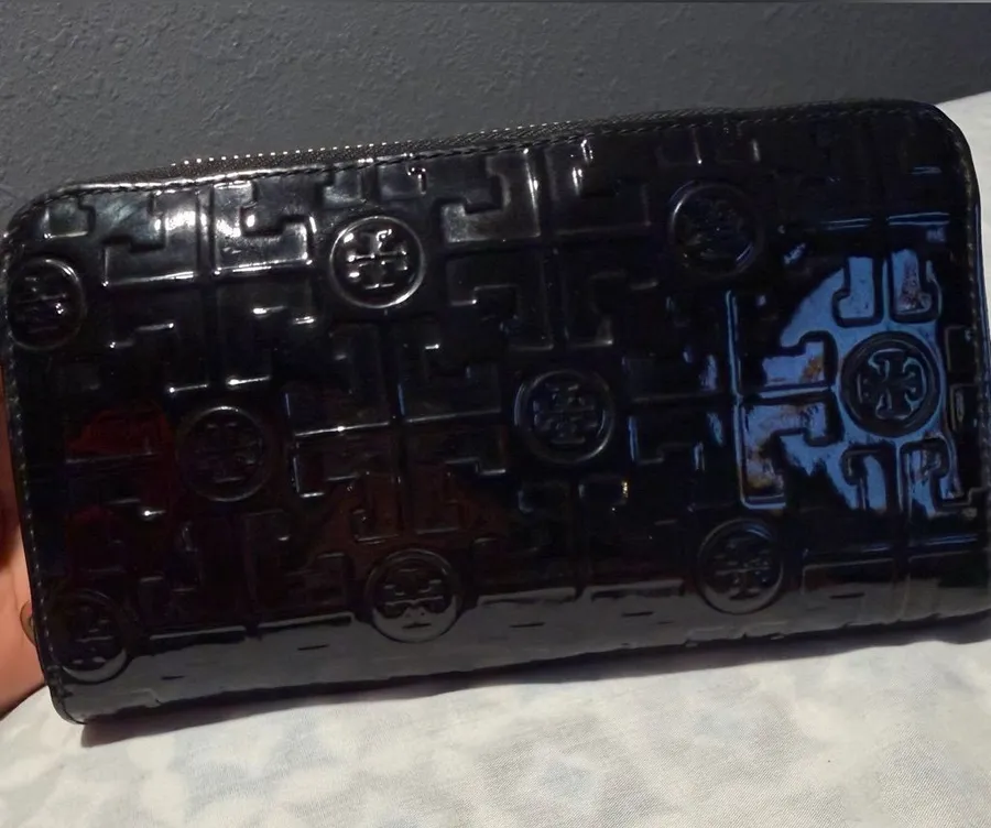Tory Burch Black Patent Embossed Zip Around Wallet