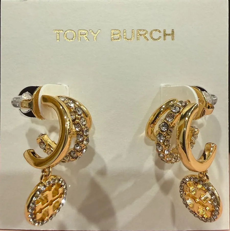 Tory Burch | Gold Plated & Pave Crystal Double Hoop Huggie Earrings | Small