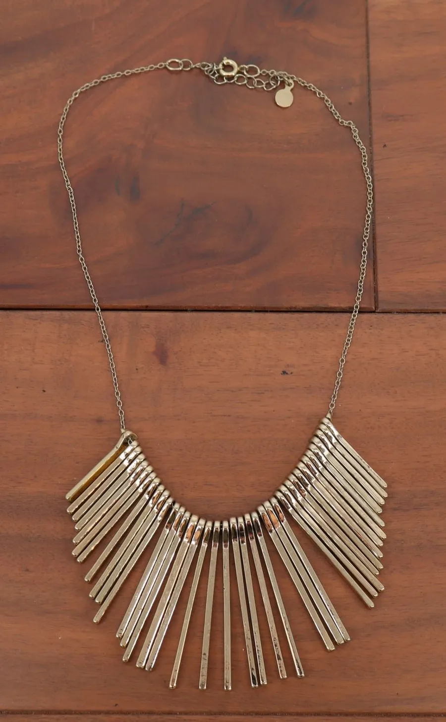 Gold Tone Fringe Bib Statement Necklace Geometric Sunburst Fan Bar Jewelry