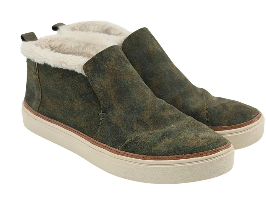 TOMS Womens 10 Camo Suede Faux Fur Lined Slip On Sneaker Mid Top Boots Green