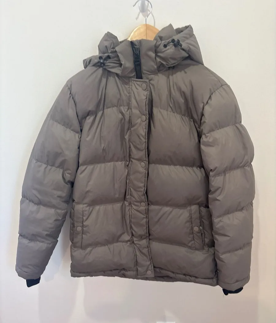 Quince Goose Down Puffer Jacket Taupe Brown Hooded Winter Coat Small