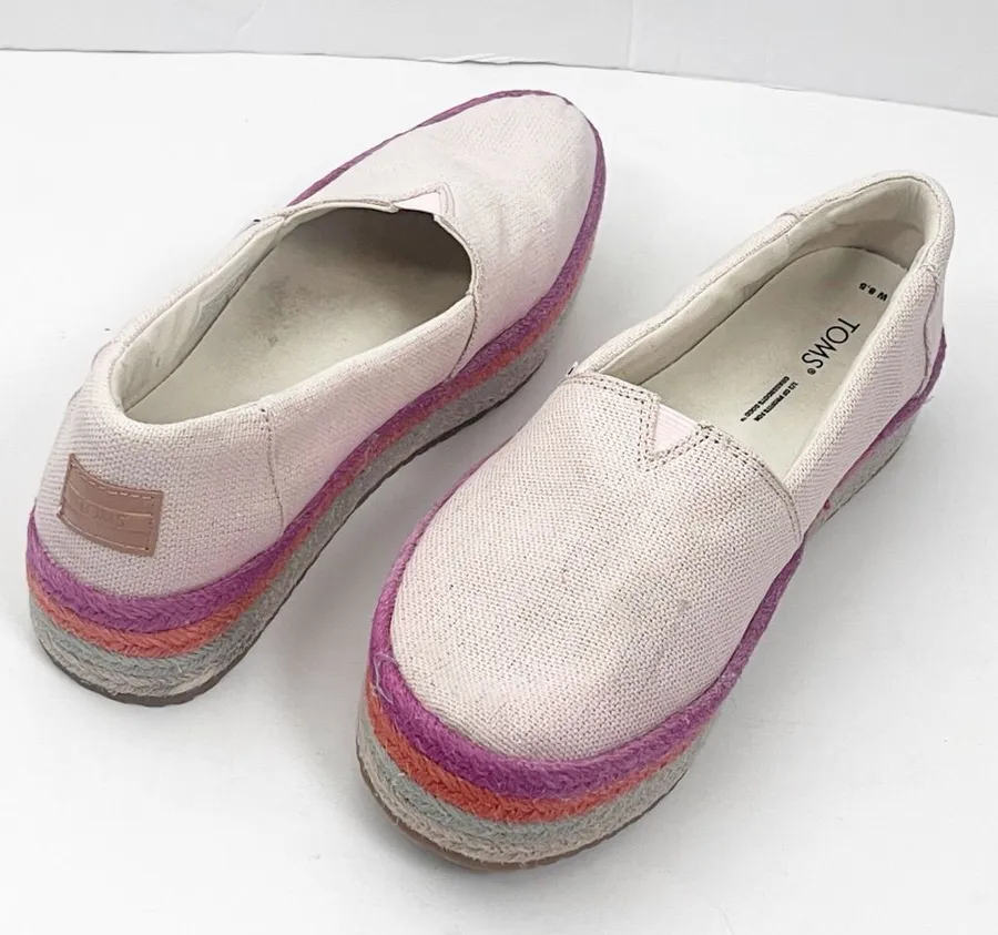 TOMS Valencia Dusty Peach Metallic Espadrilles Platform Slip On Canvas Shoes 8.5