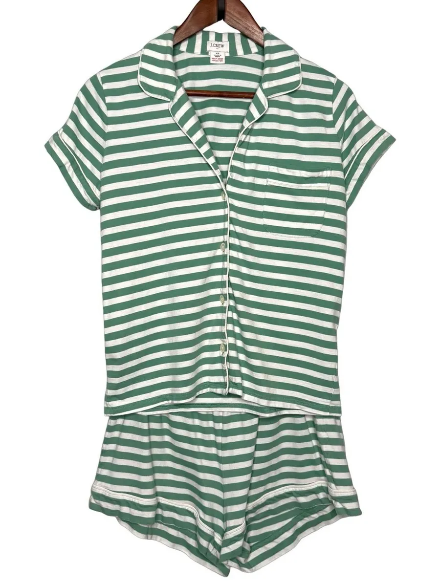 J Crew Short Sleeve 100% Cotton Pajama Set Shorts Green Striped Size XS