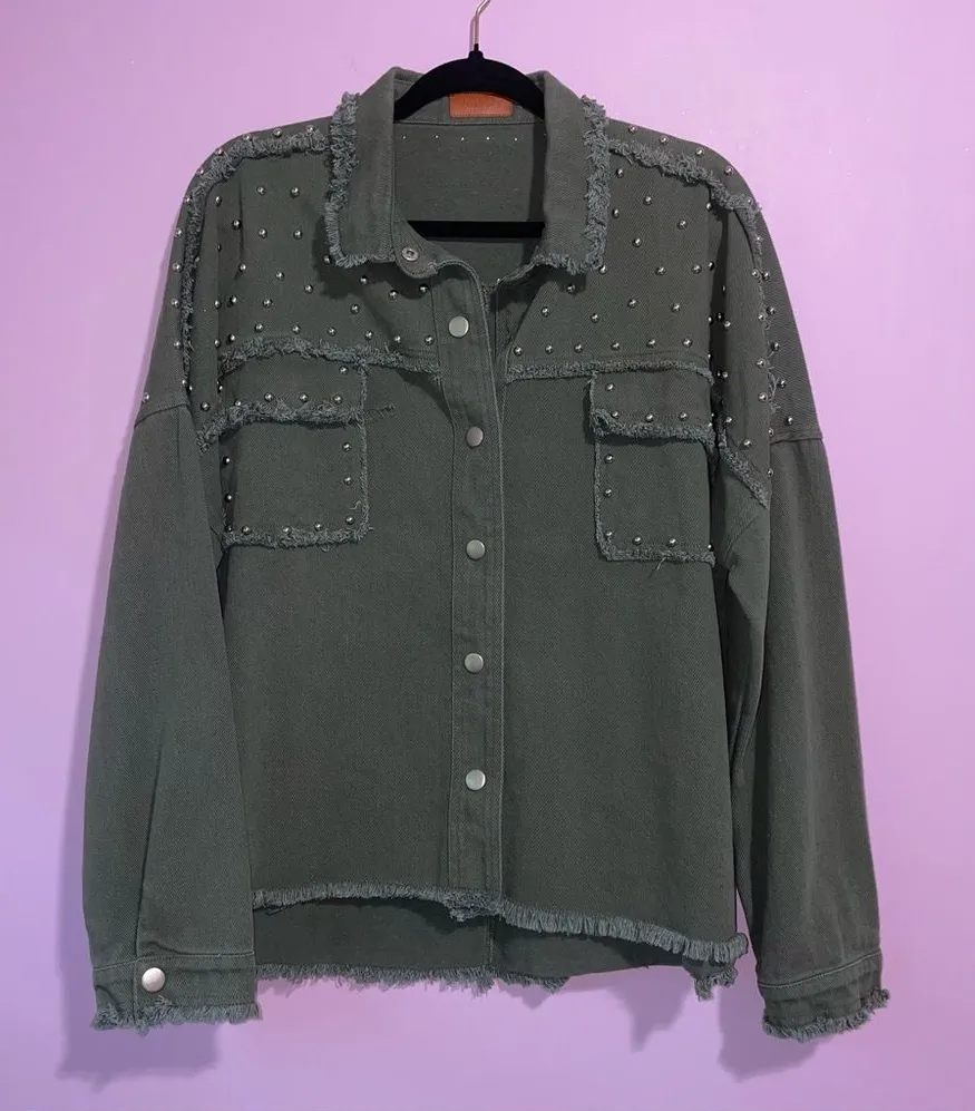 Umgee Green Studded Jean Jacket Womens Size L Boho Edgy Punk Forest