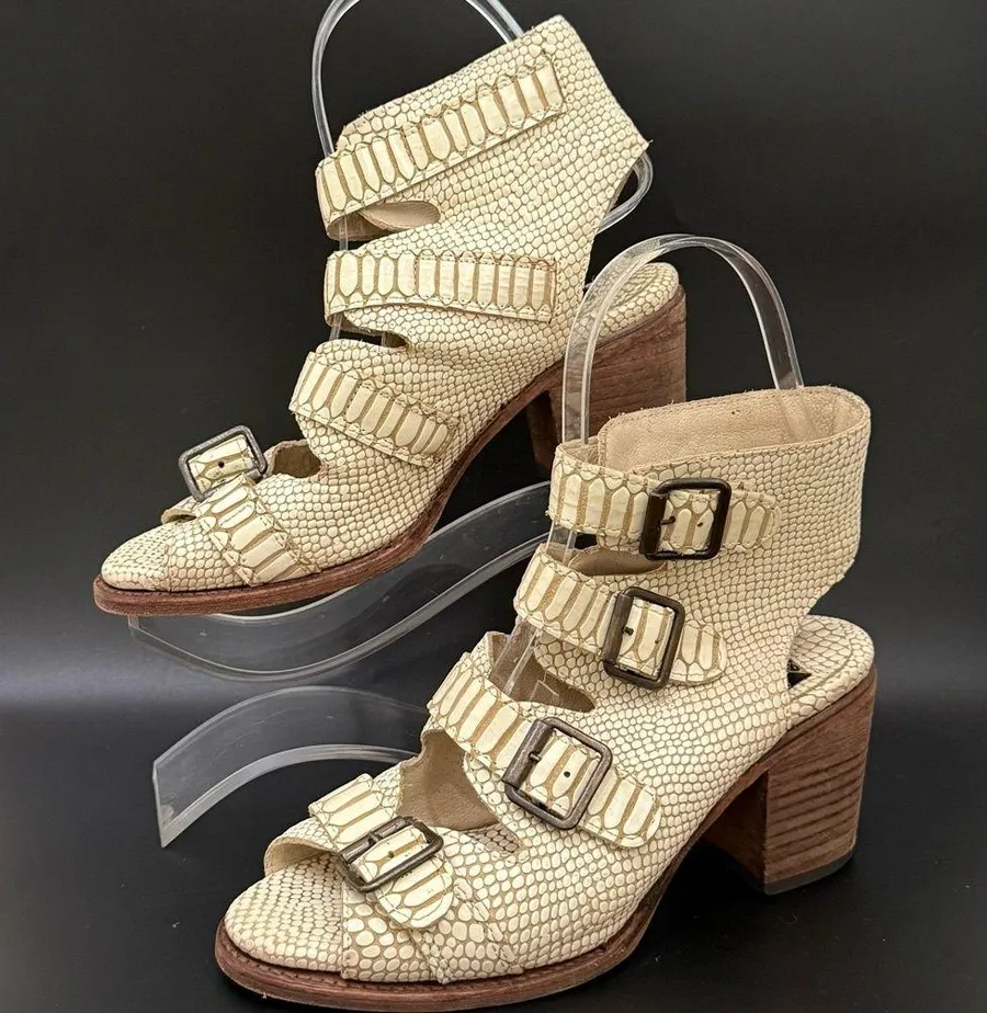 FREEBIRD by Steven Quail Ivory Textured Snake Leather Buckle Gladiator Sandals 9