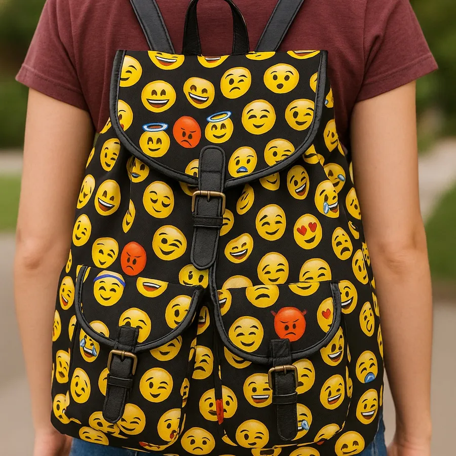 Emoji Print Backpack – Black Slouchy Bag with Adjustable Straps & Buckle Detail