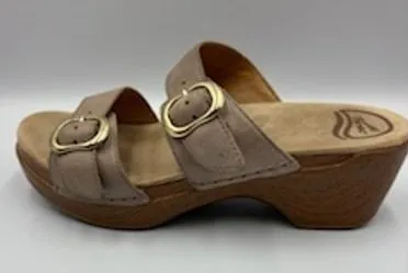 Dansko Slide Sandals Taupe Leather Double Buckle Platform Wedge Casual Size 37
