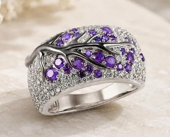 Sterling Silver Tree Branch Purple Clear CZ Statement Ring 925 SZ 7 NWT