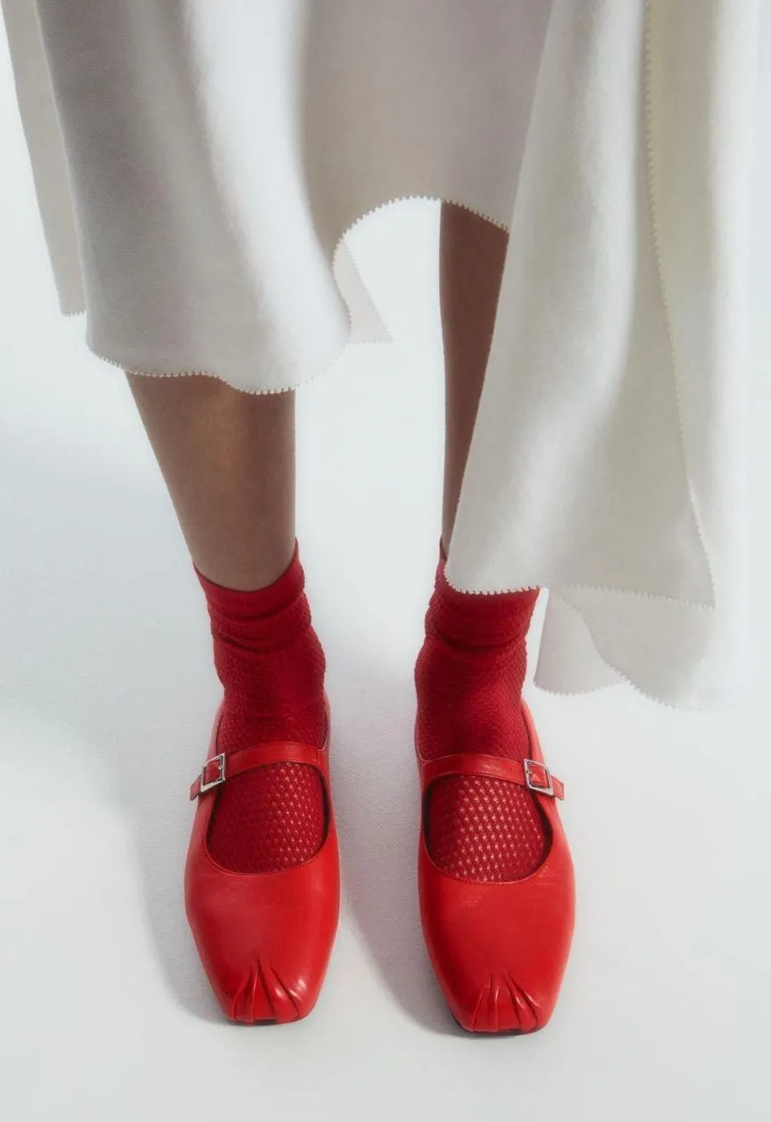 COS Red Leather Mary Jane Flats with Buckle Strap