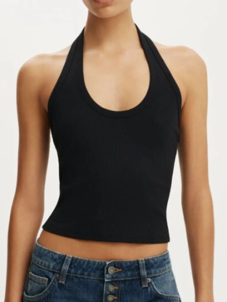 Cotton On Women’s Size Medium/Large Rib Scoop Halter Top Black Stretch Cropped