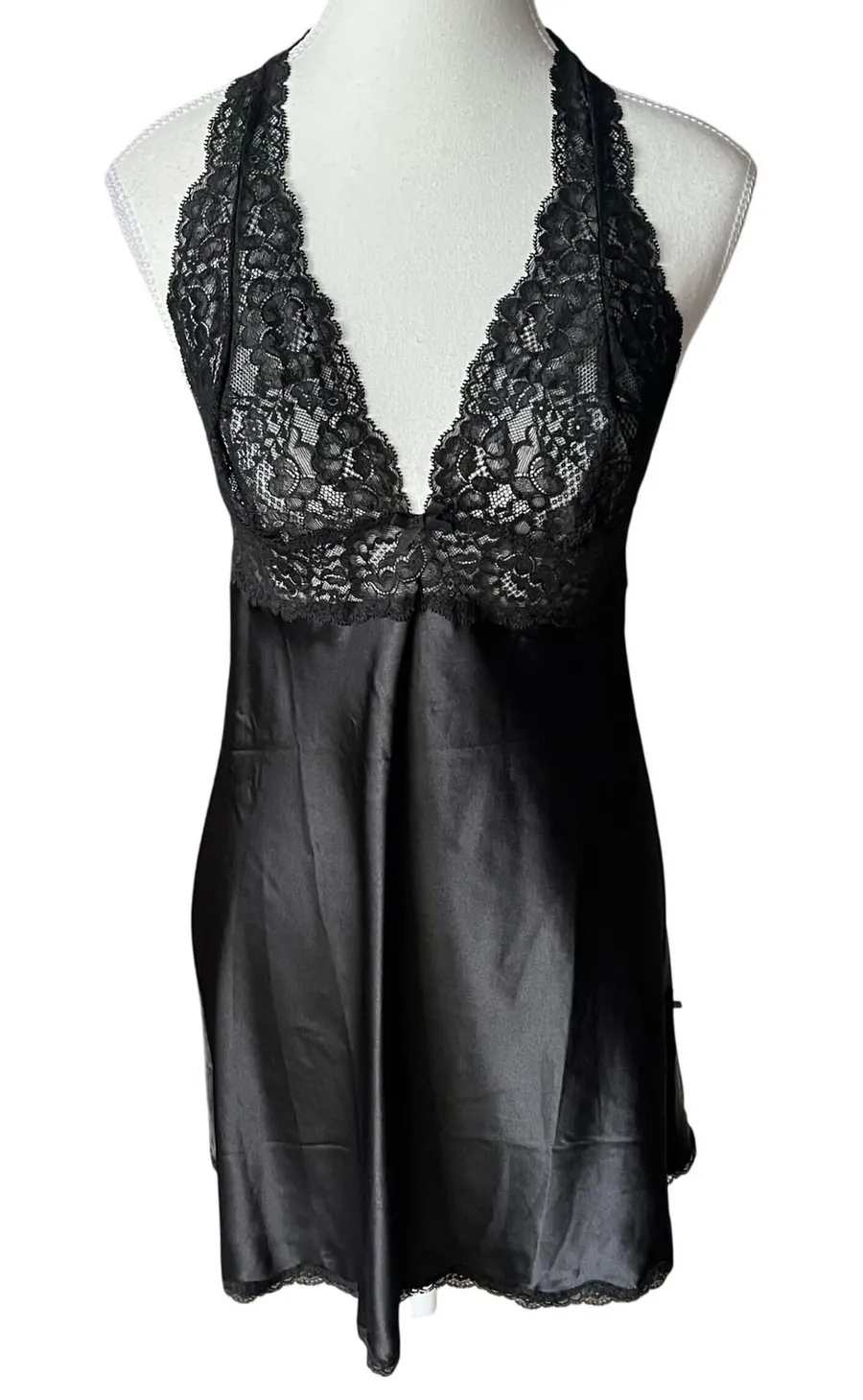 Victoria's Secret Black Satin Lace Halter Chemise Nightgown Women's Small