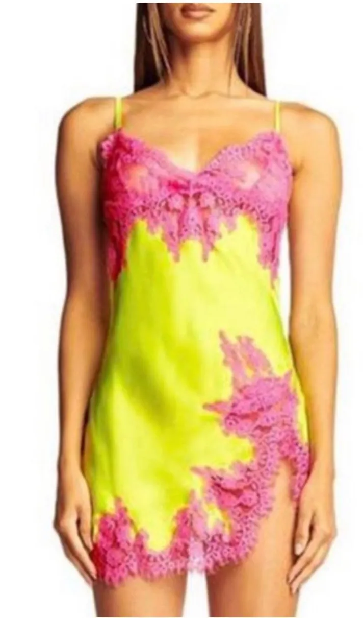 I.AM.GIA Neon Yellow & Hot Pink Lace Satin Chemise Slip dress
