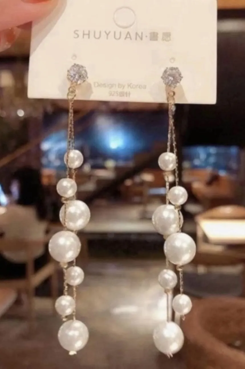 Women's White Pearl Long Tassel Dangle Drop Earrings