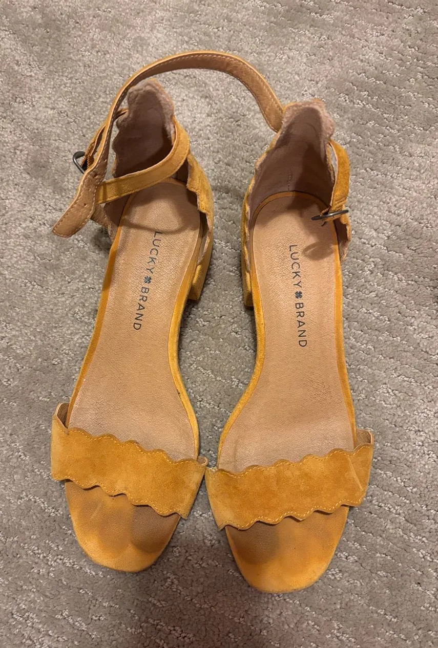 Lucky Brand Mustard Suede Scallop Ankle-Strap Sandals