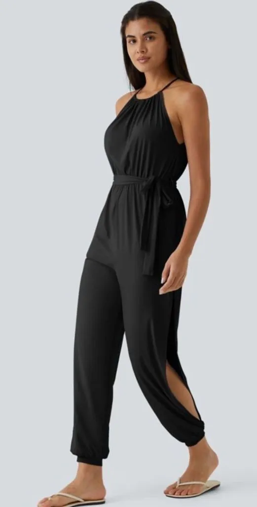 NWT Halara Sleeveless Tie Back Belted Pocket Cut Out Cool Touch Jumpsuit-UPF50+