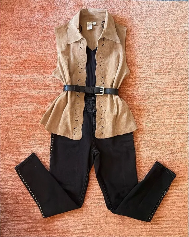 Coldwater Creek Leather Vest Size M Tan Western Boho Embroidered