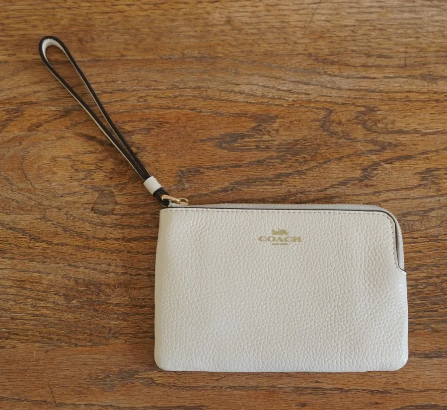Coach Pebbled Leather Small Wristlet Chalk White Gold Hardware Zip Pouch