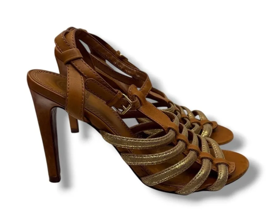 Tory Burch Charlene Sandals 7.5 Tan Gold Leather Heels Dress Party Elegant