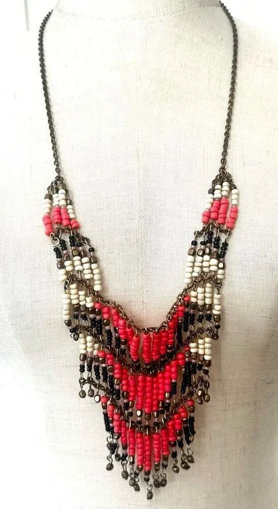 Pink black gold tone beaded statement necklace