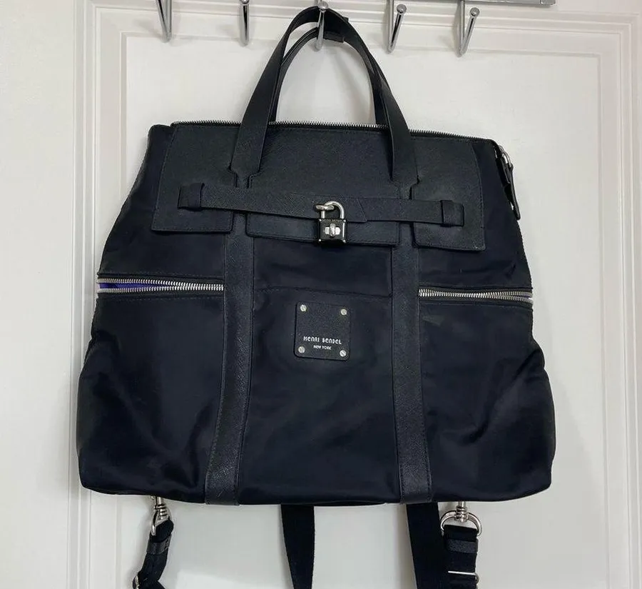 Henri Bendel Black Jetsetter Nylon Convertible Tote Bag Silver Hardware Handbag