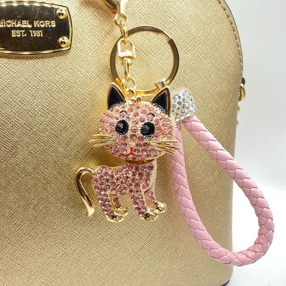 🐈🩷Pink Kitty Cat Rhinestone Bling Crystal Bag Charm Keychain Gold