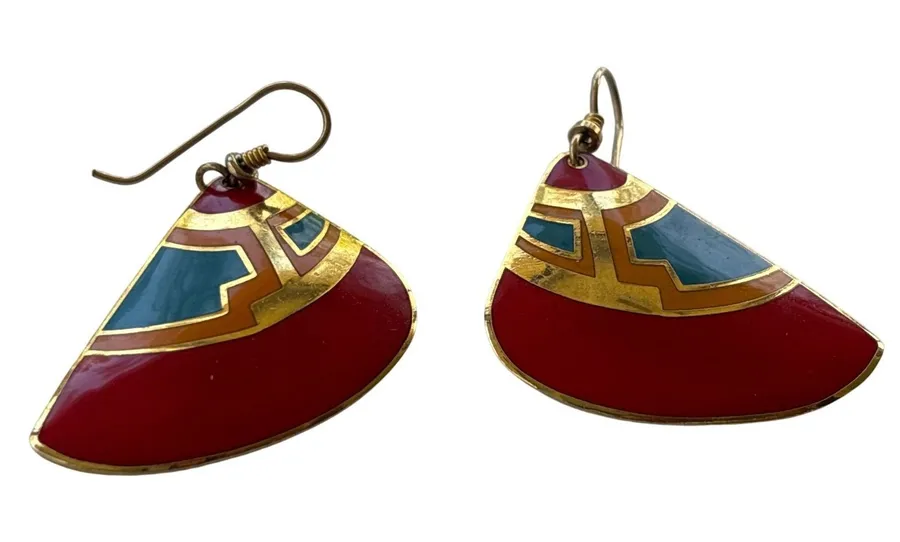 Laurel Burch Enamel Drop Earrings Womens OS Red Gold Geometric Vintage Boho