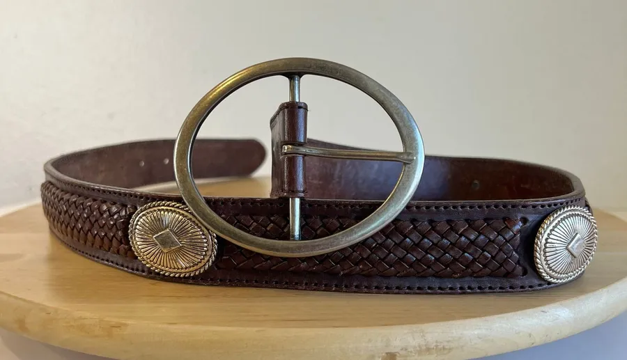 90s Brown Woven Starburst Studded Western Large Silver Buckle Belt Size Small