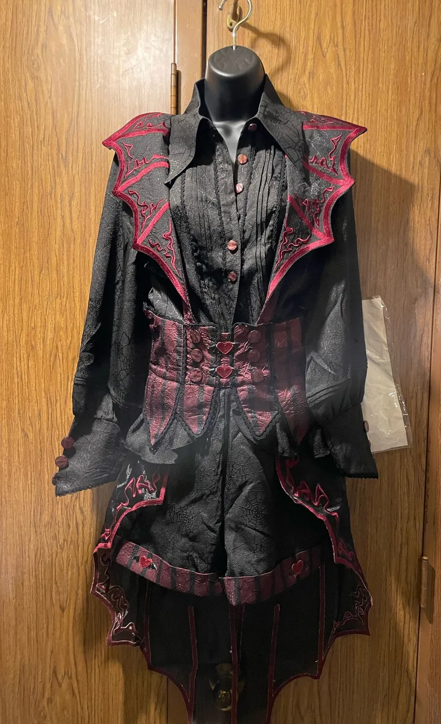 Black x Burgundy Dark Gothic Vampire Bat Ribbon Shirt + Bat Wing Suspenders Size L
