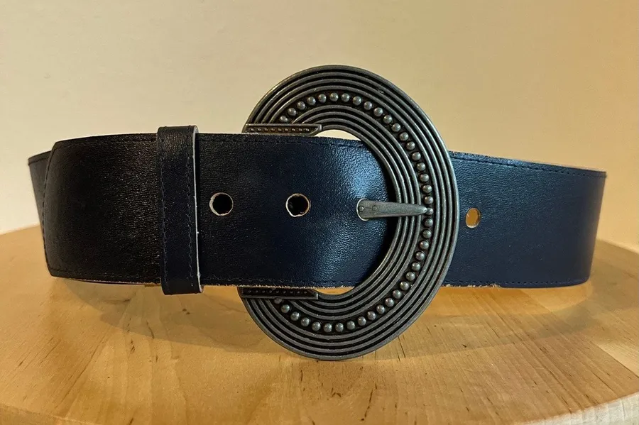 Vintage Chunky Silver Buckle Midnight Blue Leather Wide Belt Size Small Black