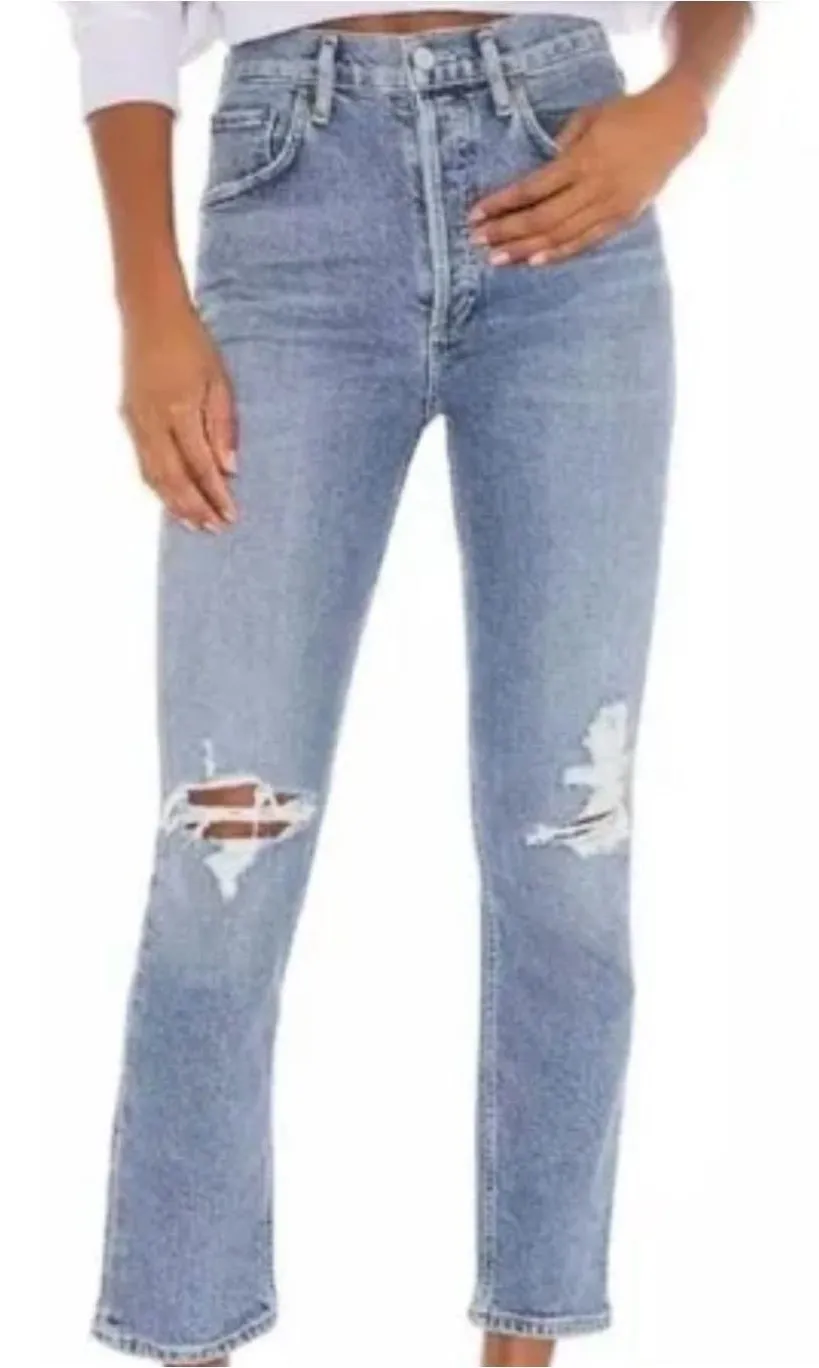 AGOLDE Riley High-Rise Straight Distressed Jeans Wash Medium Size 24 EUC