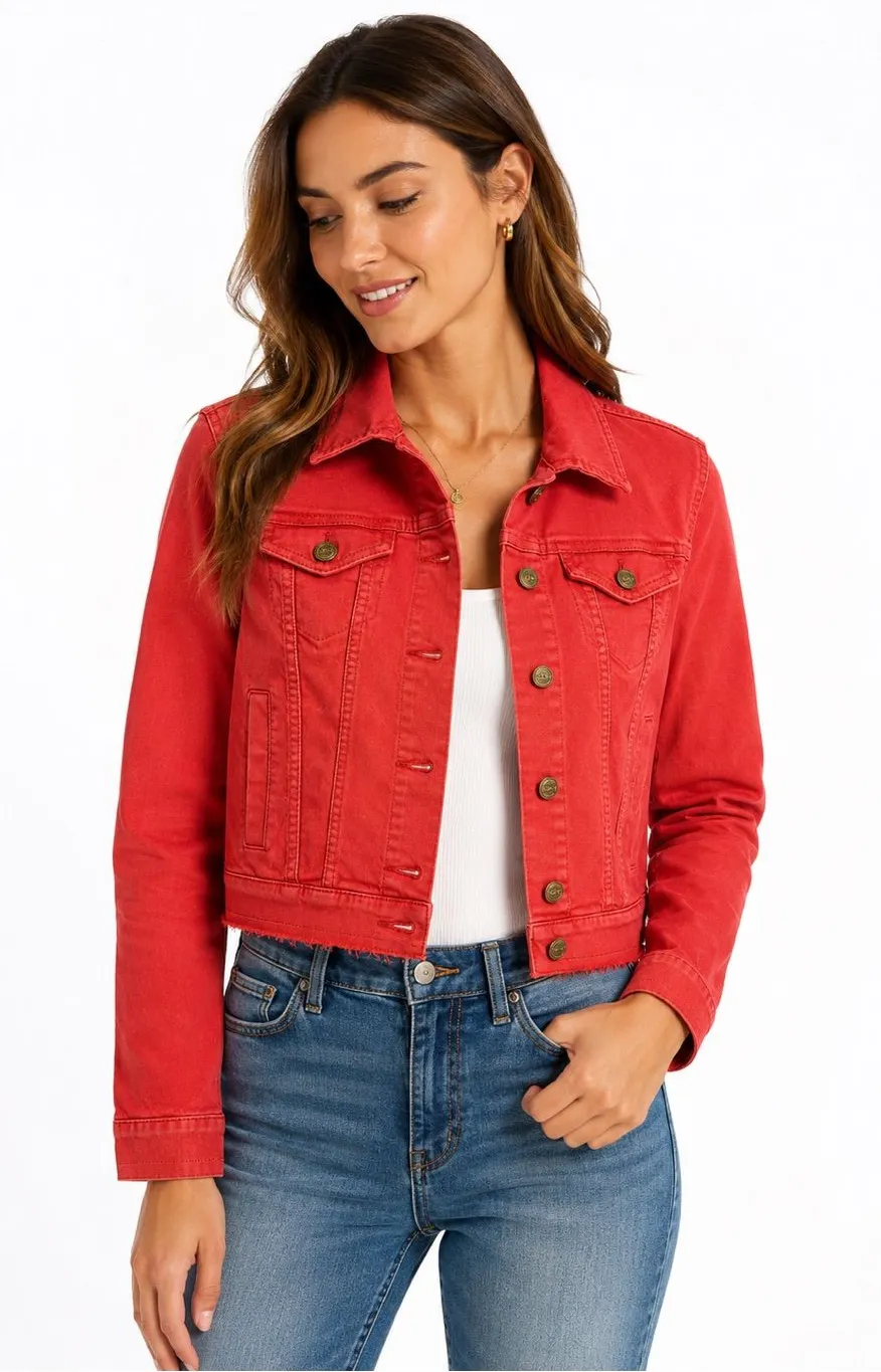 LOFT Women’s XS Coral Red Stretch Denim Trucker Jacket Raw Frayed Hem Cropped