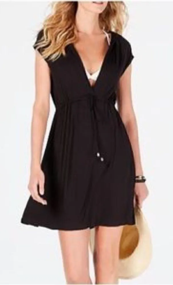 Merona Womens Sz Small Cover Up Dress V-Neck Cap Sleeve Slit Sides Black Stretch
