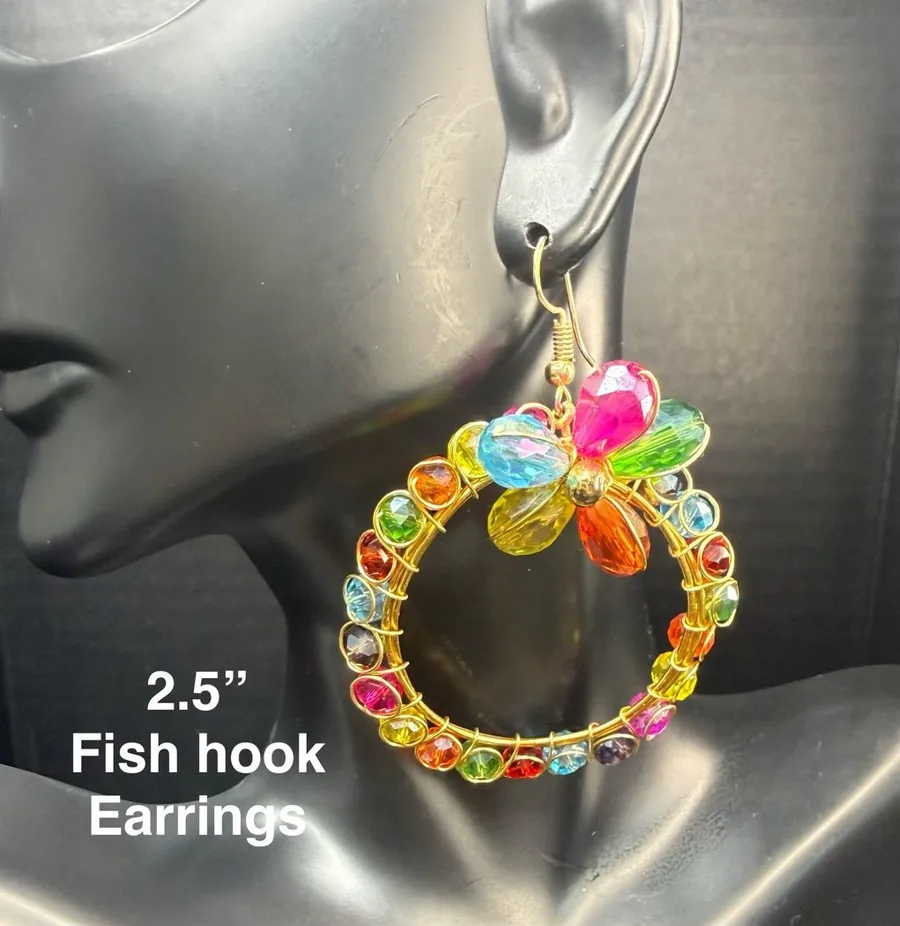 Multicolor Crystal Flower Hoop Drop Earrings