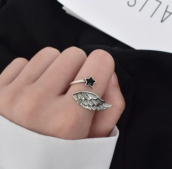 Unisex ring Sterling silver ring wing ring star ring adjustable ring stacking ring stackable ring