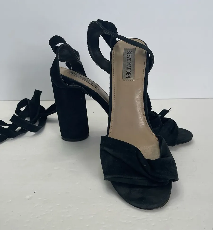 Steve Madden Clary Black Suede Sandals Tie Ankle Strap Heel Womens 9.5