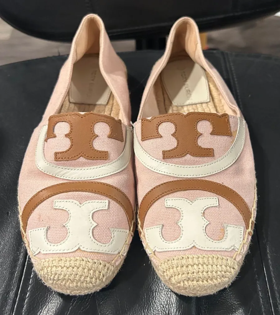 Tory Burch Blush Pink Canvas Espadrilles with Tan & Cream Logo