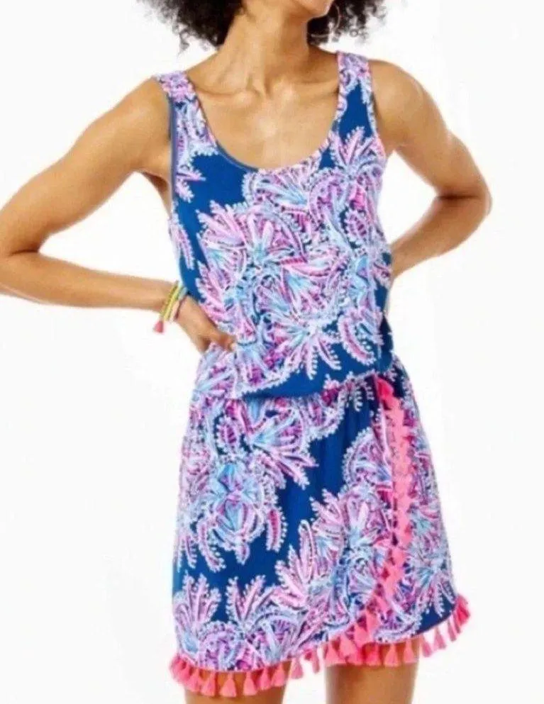 Lilly Pulitzer Jarrett Romper Sleeveless Tank Navy Blue Pink Tassels Size XL