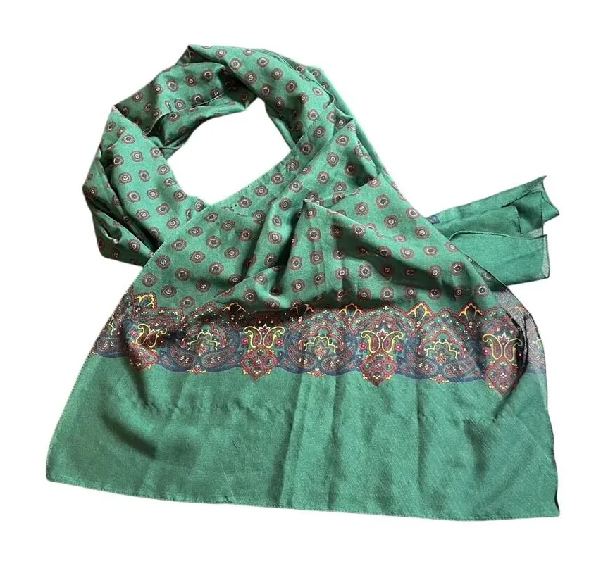 Green Silk Scarf Paisley Print Geometric Border Women's Accessory