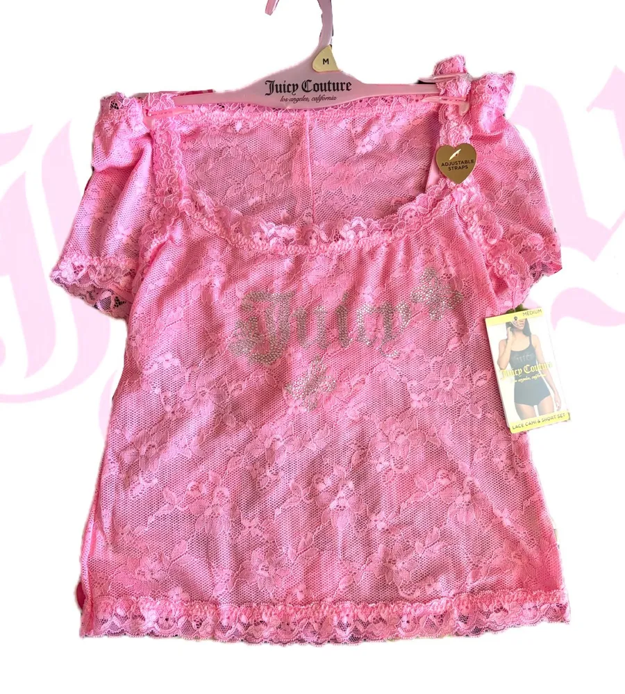 NWT Juicy Couture Pink Lace Rhinestone Cami and Short Set
