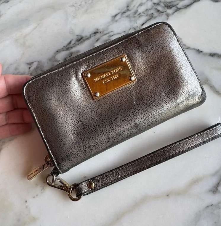 Michael Kors Metallic Pewter Leather Zip Around Wristlet Wallet Gold Hardware