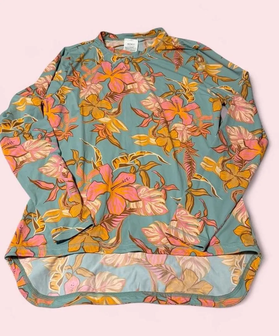 Roxy Rash Guard Teal Long Sleeve Floral Top with Pink & Gold Accents