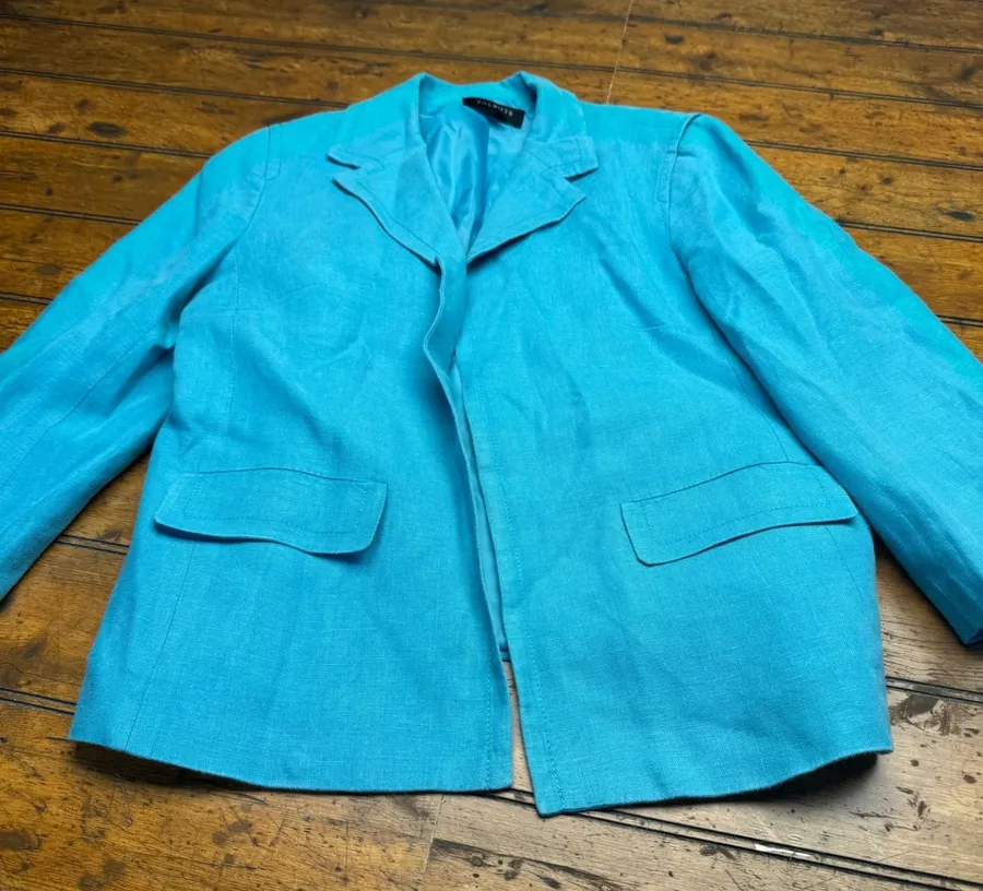 Talbots Womens 10 Turquoise Blue 100% Linen Lined Blazer Jacket PH95 11/13