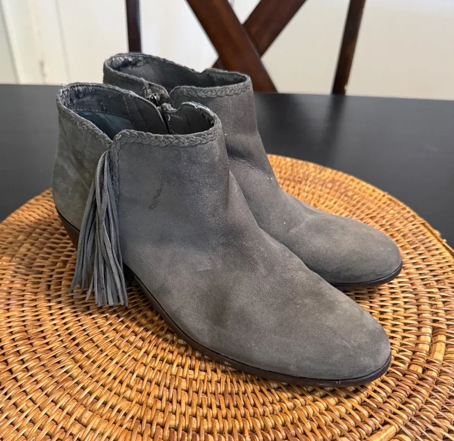 Sam Edelman Petty Grey Suede Tassel Ankle Boots Womens 8.5 M Low Block Heel