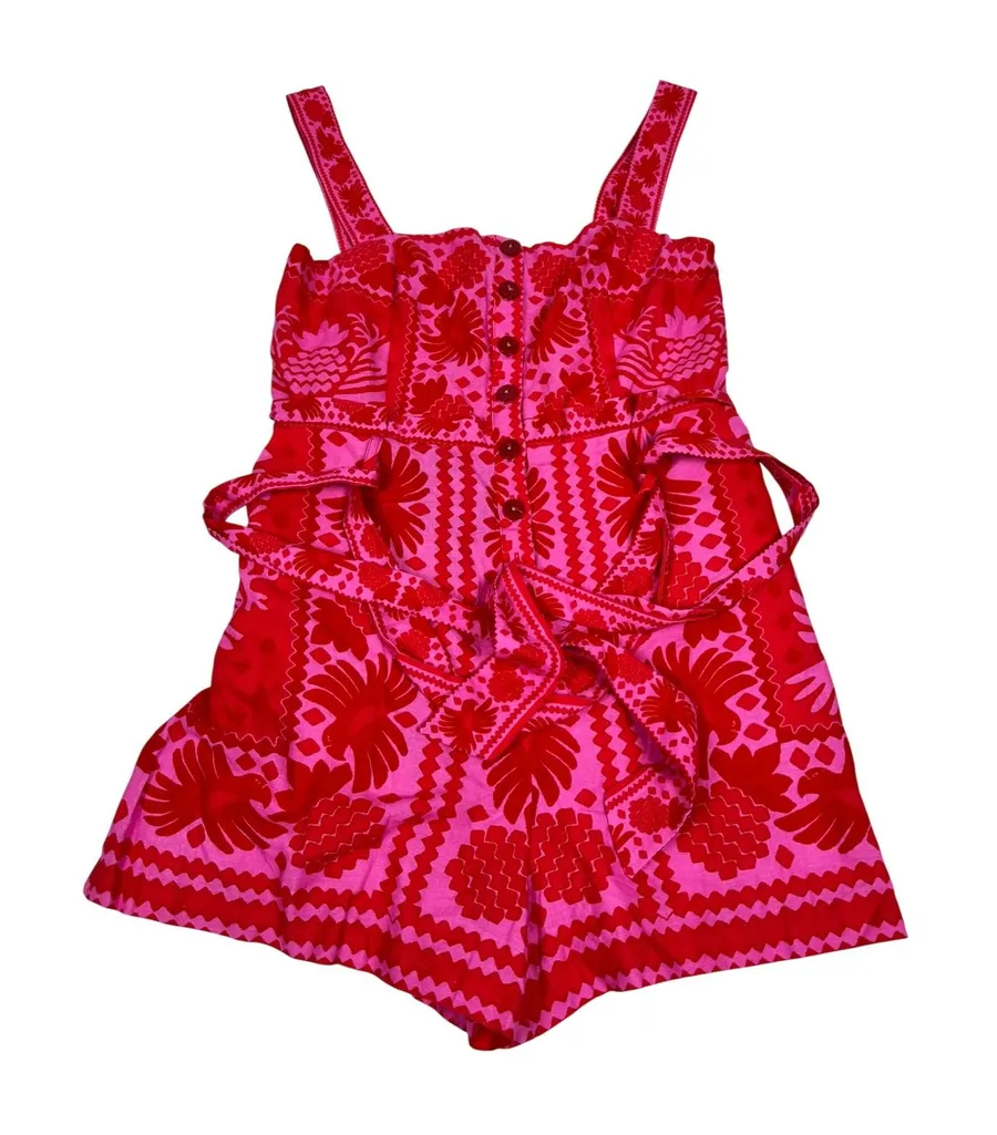 NWT Farm Rio Jungle Scarf Red Pink Linen Blend Romper Button Front Sleeveless M