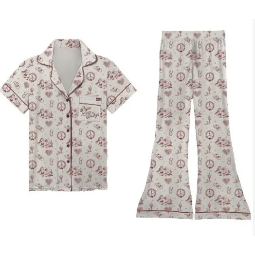 Lainey Wilson Peace, Love, and Cowboys Bell Bottom Western Print PJ Set Size L White
