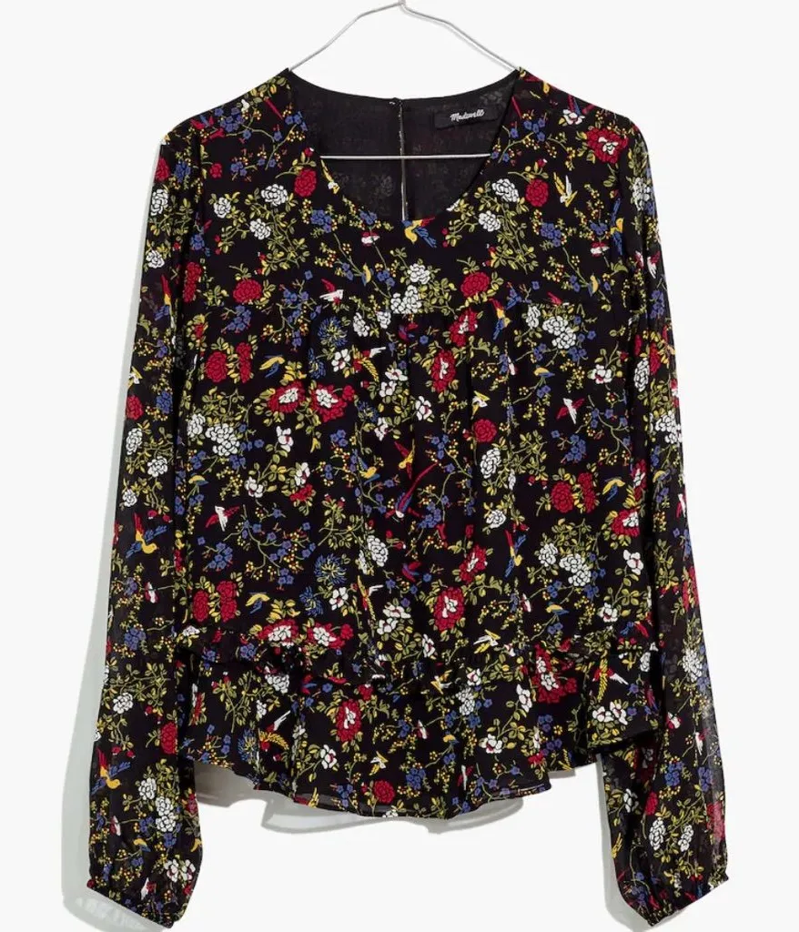 Madewell Sheer-Sleeve Ruffle Peplum Top Blouse in Black Finch Floral Size Large