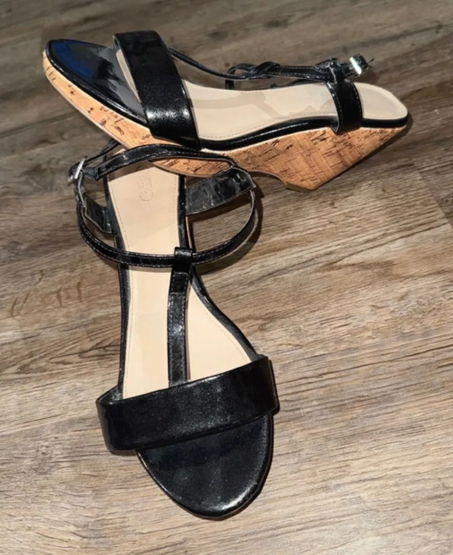 Cato Black Patent T-Strap Cork Wedge Sandals Womens Summer Ankle Strap Shoes