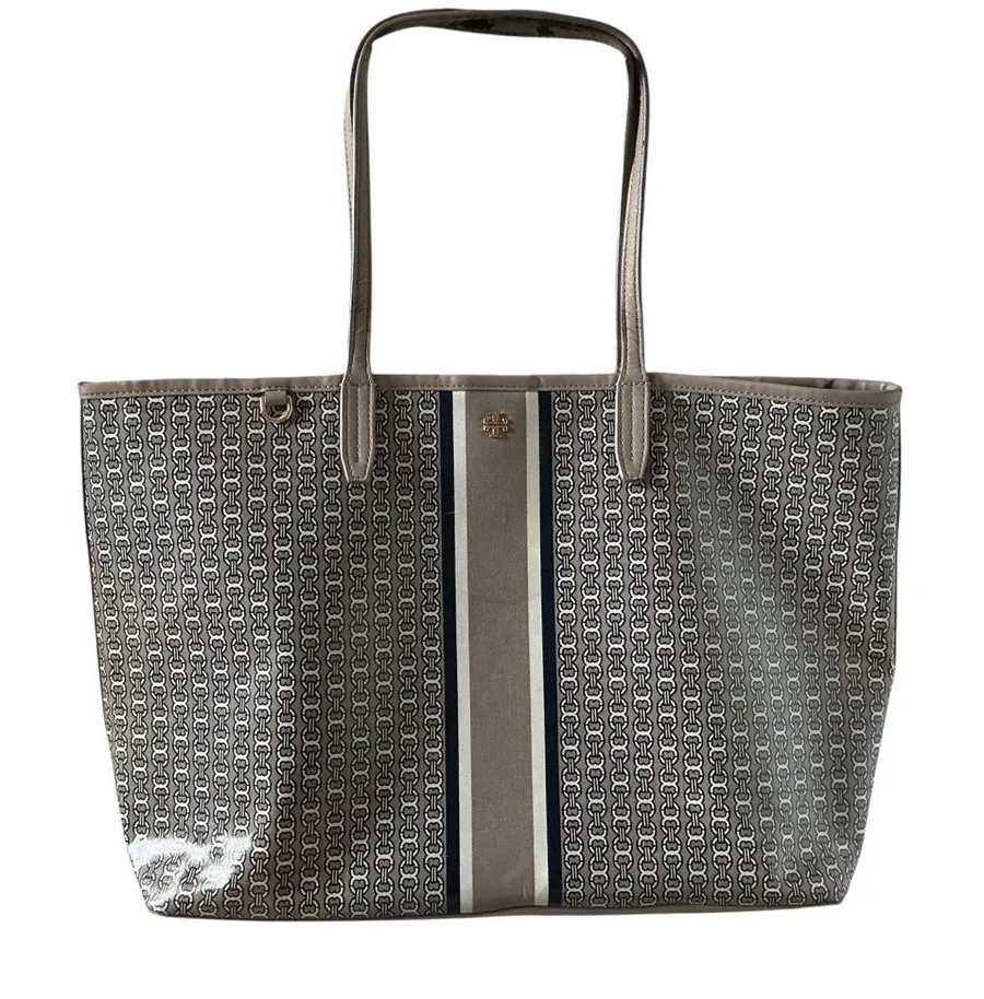 Tory Burch Gemini link large tote in grey coated canvas travel casual handbag