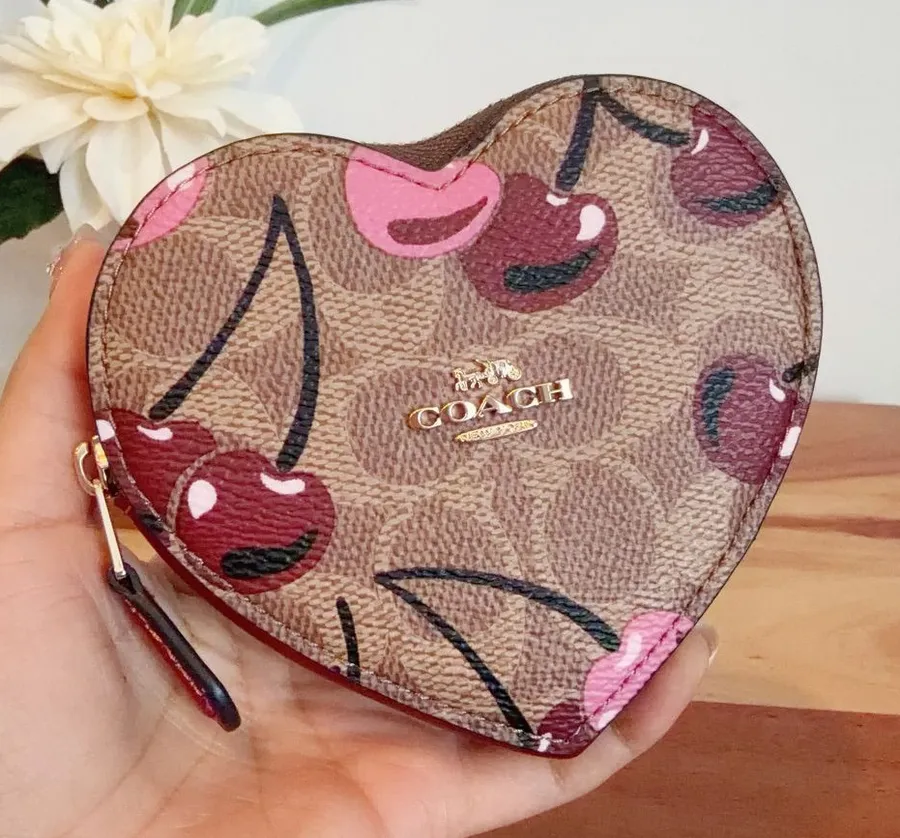 NWT Coach Heart Coin Case In Signature Canvas With Cherry Print