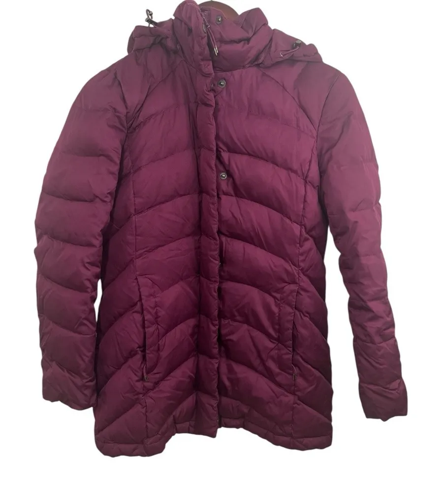 Lands' End Women's Jacket Puffer Coat XS Down Maroon Magenta Removable Hood Midi